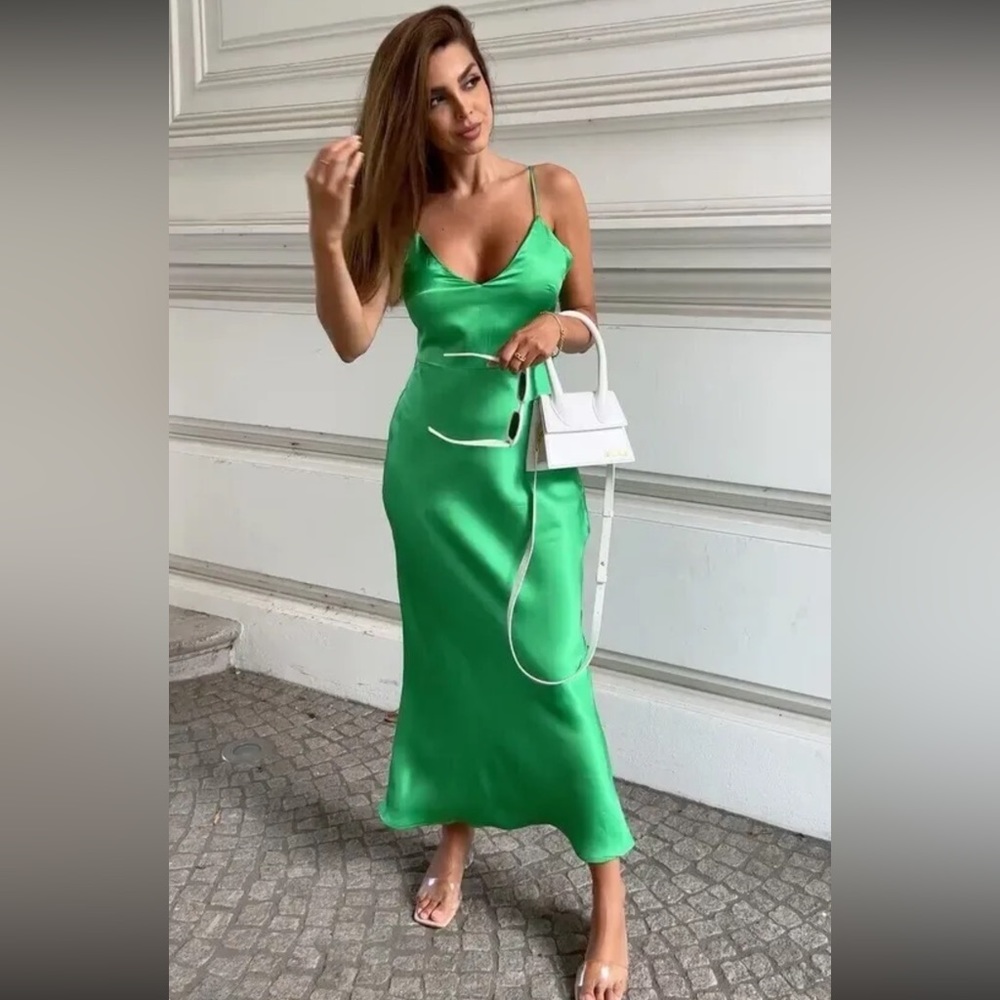 NWT Zara Satin Effect Green grass midi dress size small GORGEOUS